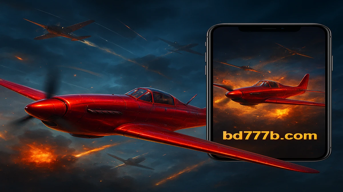bd777–এ এভায়েটর গেমের প্রচারণামূলক ছবিতে লাল প্রপেলার বিমানটি বিস্ফোরণময় ভূখণ্ডের ওপর উড়ছে, এবং ডানদিকে মোবাইল গেম ইন্টারফেসটি দেখা যাচ্ছে।
