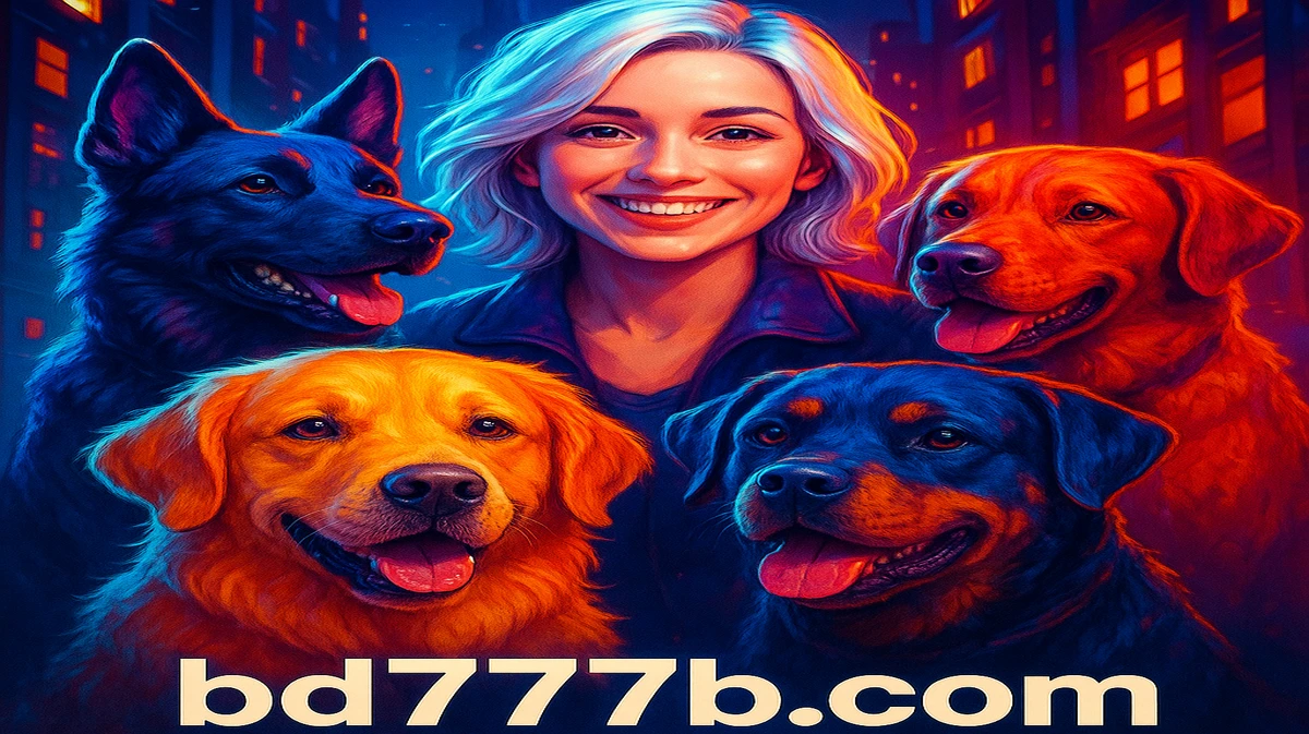 bd777 এ The House Megaway গেমটির প্রচারণামূলক আর্ট, যেখানে সাদা চুলের একজন নারী রাতের শহরে কয়েকটি বড়, কঠোর-দৃষ্টির কুকুরকে ঘিরে দাঁড়িয়ে আছেন।