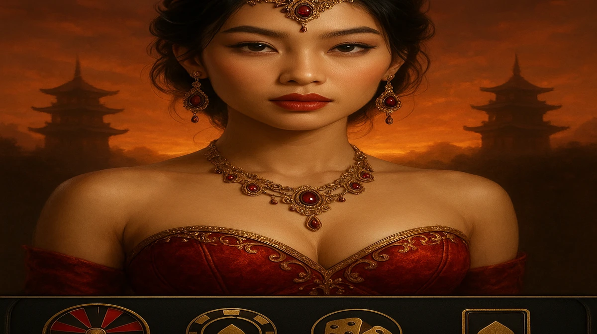একটি অত্যন্ত সুন্দর এশীয় নারী ঐতিহ্যবাহী পোশাক ও জটিল জুয়েলারিতে সজ্জিত, শান্ত মন্দিরের সামনে; bd777 খেলার গোলাকার যন্ত্রটি সামনে দৃশ্যমান।